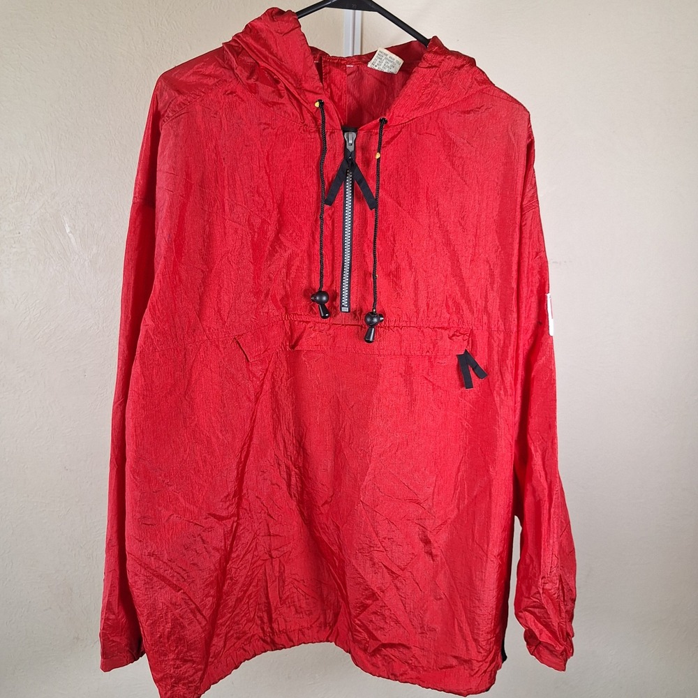 Marlboro Vintage Red 1/4 Zip Windbreaker Anorak Jacket Nylon Toggles Hood Large